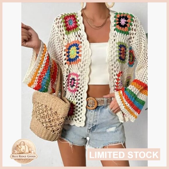 Crochet Cardigan Boho Loose Fit Open Front Sweater Recycled Material - Picture 2 of 7